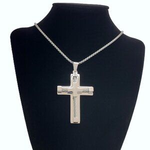 925 Silver Mens 24" Chain Link Cross Crucifix Necklace Guys Christian Jewelry